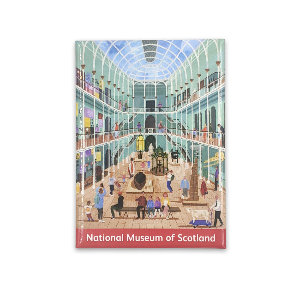 A rectangular magnet with a vibrant illustration of The National Museum of Scotland's grand galley by Edinburgh based artist Jennifer Thomson.