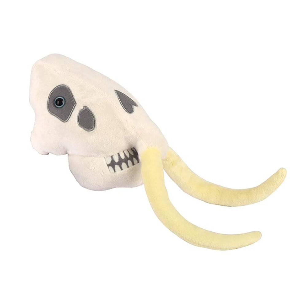 A plush soft toy of a mammoth skull against a plain white background.