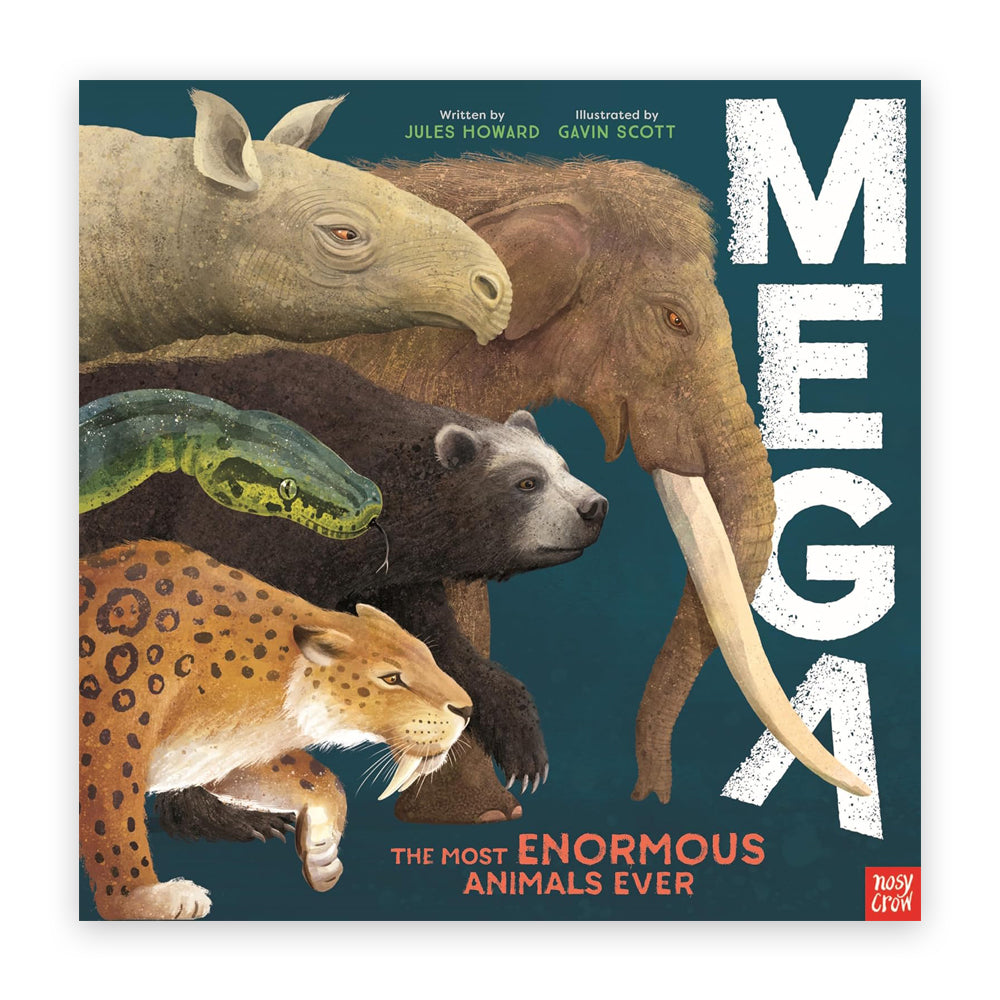 A navy blue book cover with illustrations on the left hand side of pre-historic animals on the right had side the word 'Mega' in large white textured letter is written vertically.