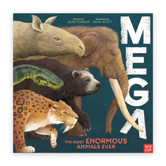 A navy blue book cover with illustrations on the left hand side of pre-historic animals on the right had side the word 'Mega' in large white textured letter is written vertically.