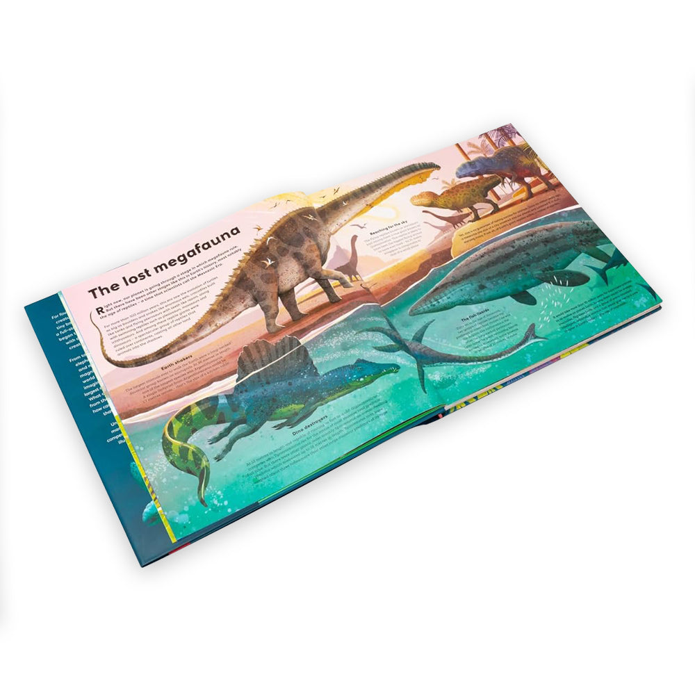 an open book against a plain white background with a double page spread with illustrations of and text about extinct megafauna.