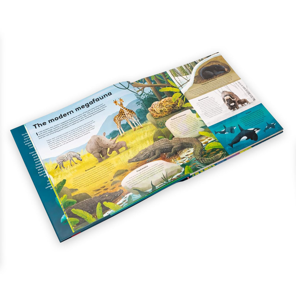 An open book with illustrations of and text about modern day mega fauna.