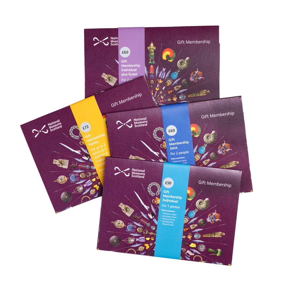 Four purple envelopes with a collaged images in a starburst pattern of photographs of artifacts found in the National Museum of Scotland. Each envelope has a different colour band around it, one navy blue, one light blue, one orange, and one purple.