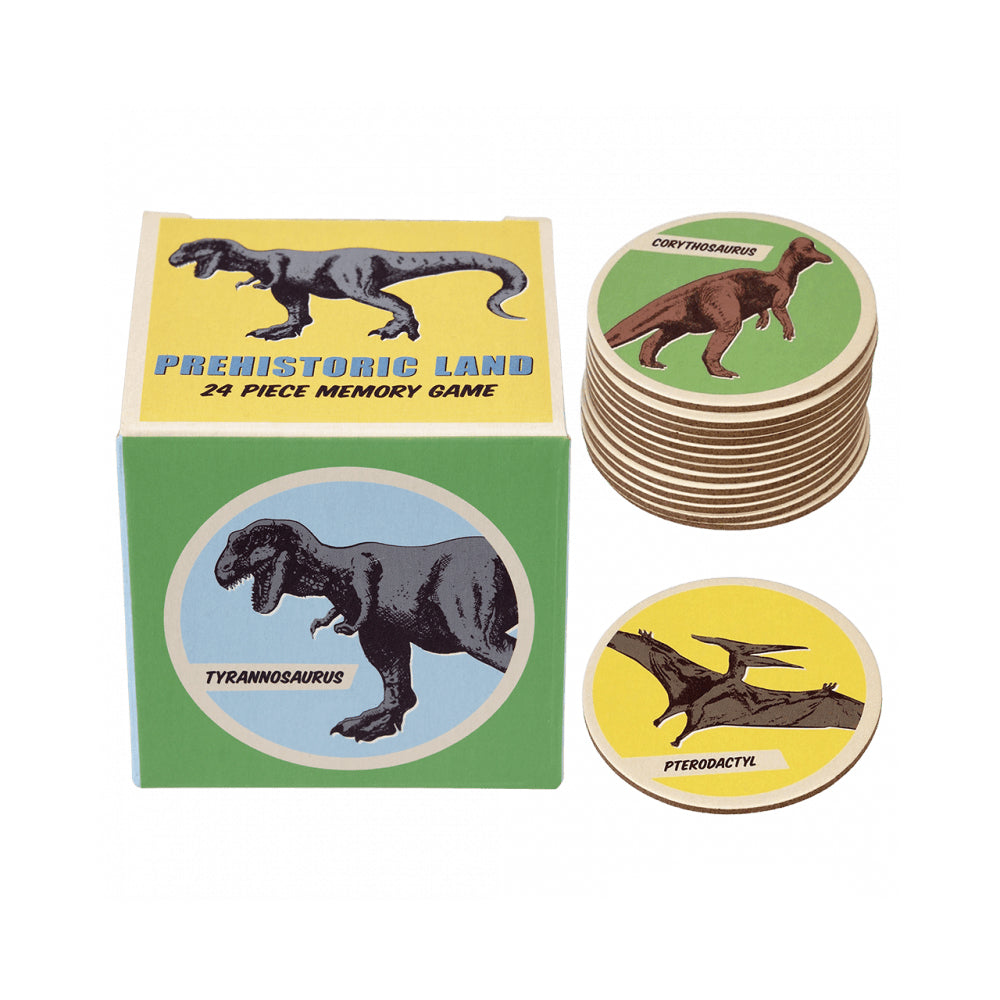 A box with illustrations of dinosaurs next to round round wooden tokens also with illustrations of dinosaurs against a plain white background.