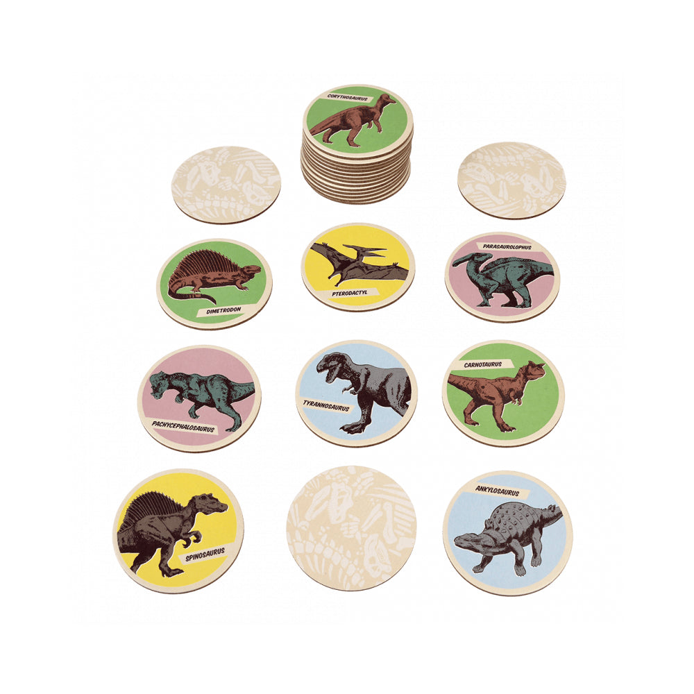 A collection of round wooden tokens with illustrations of dinosaurs against a plain white background.
