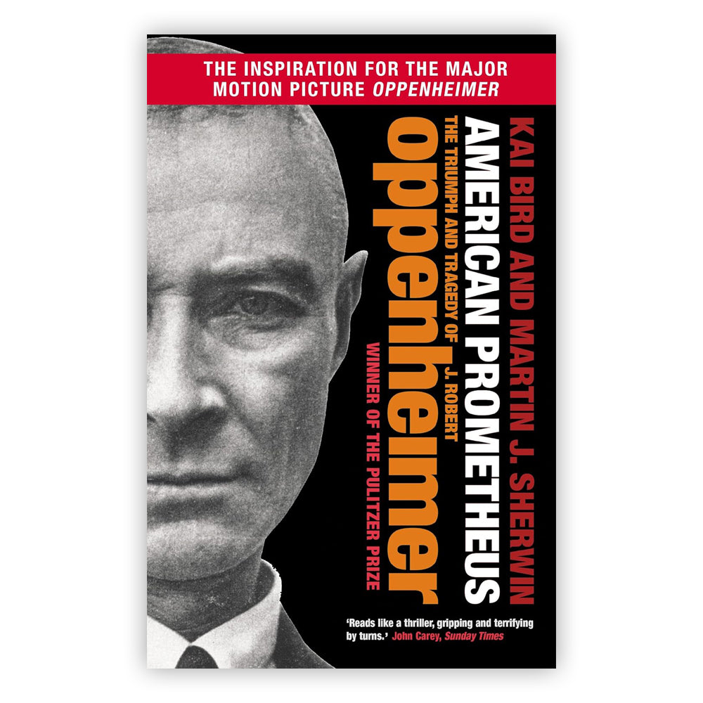 Book cover with a black and and white photo of half of J. Robert Oppenheimer's face taking up the left hand side.
