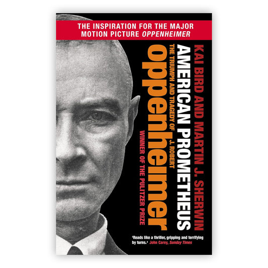 Book cover with a black and and white photo of half of J. Robert Oppenheimer's face taking up the left hand side.