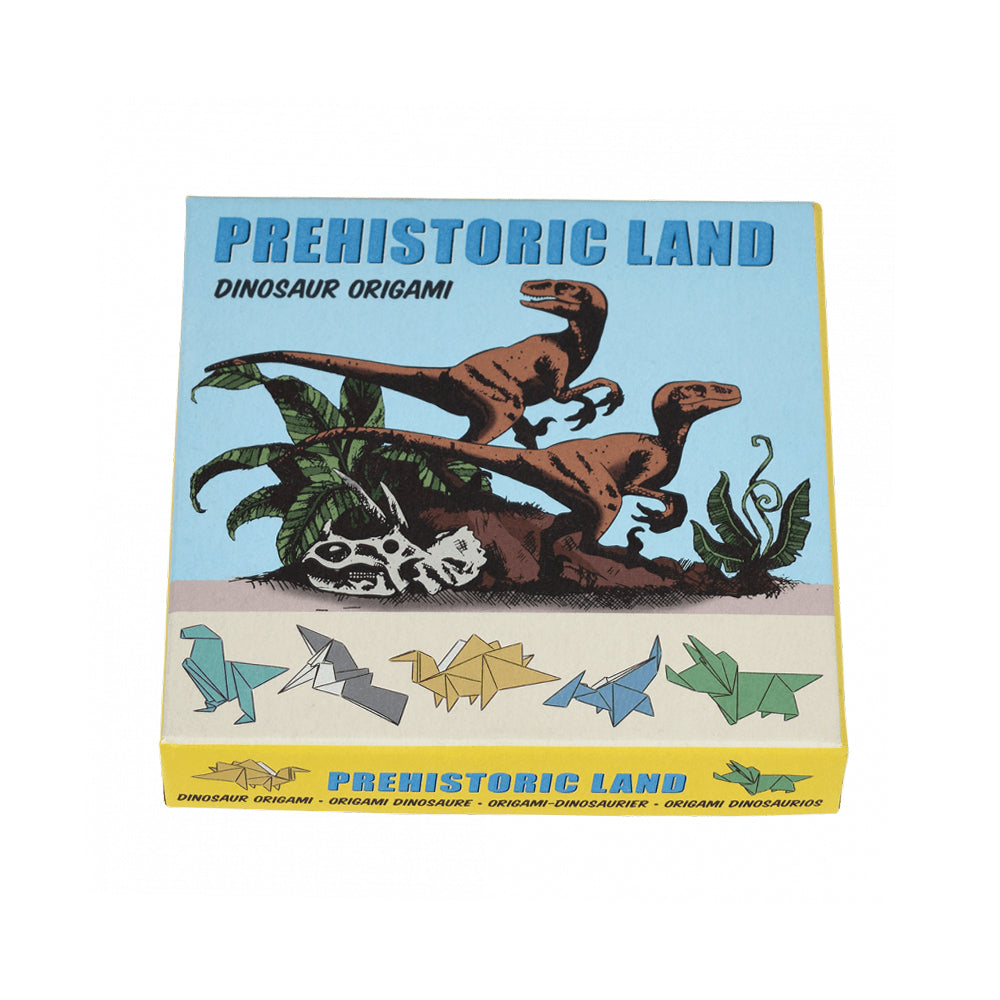 A square cardboard box with illustrations of dinosaurs against a plain white background.