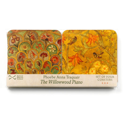 A pack of coasters featuring details from Phoebe Anna Traquair paintings. Four coasters sit in a plastic casing and feature floral details from paintings in yellows, oranges and greens.