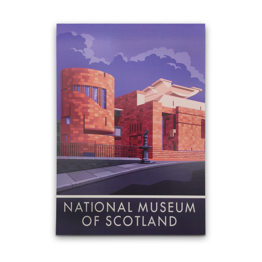 An A5 notepad with an illustration of the National Museum of Scotland's modern entrance with the statue of Greyfriars Bobby in the foreground.