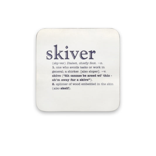 A white coaster with navy blue text of the word skiver and its definition against a plain white background.