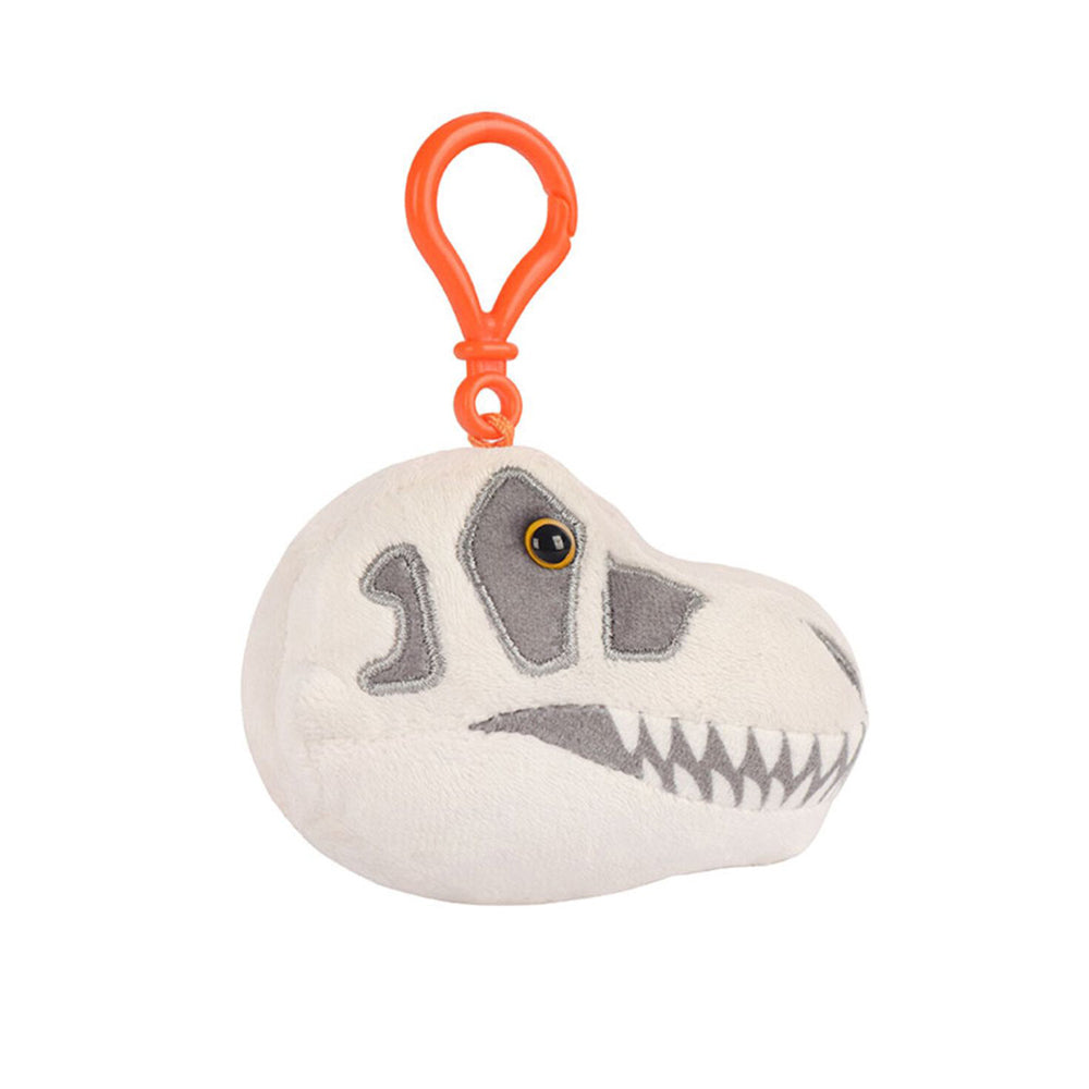 A plush keyring of a t-rex skull with an orange clip.