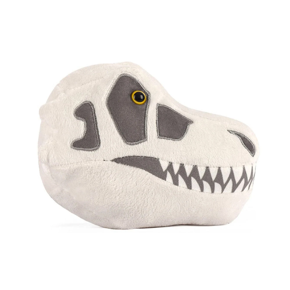 A plush soft toy of a t-rex skull against a plain white background