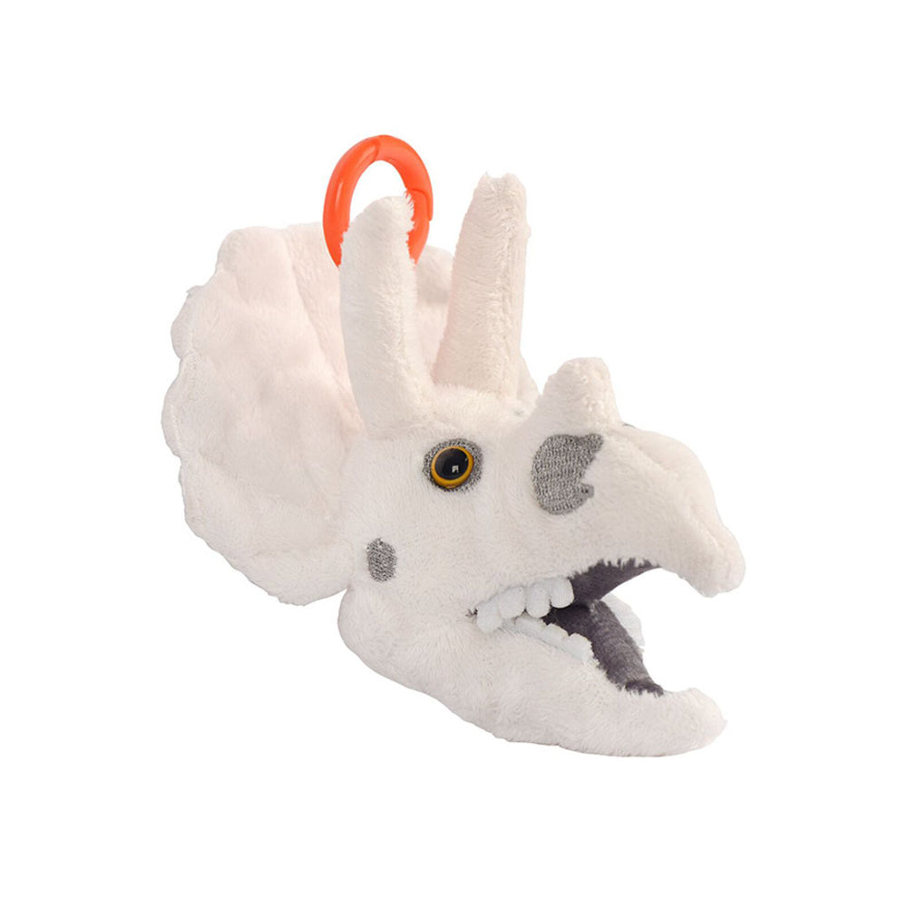 A plush triceratops skull keyring with an orange clip against a plain white background.
