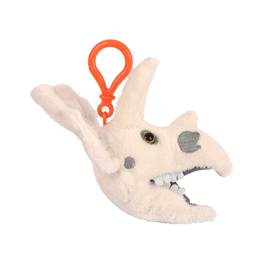 A plush triceratops skull keyring with an orange clip against a plain white background.