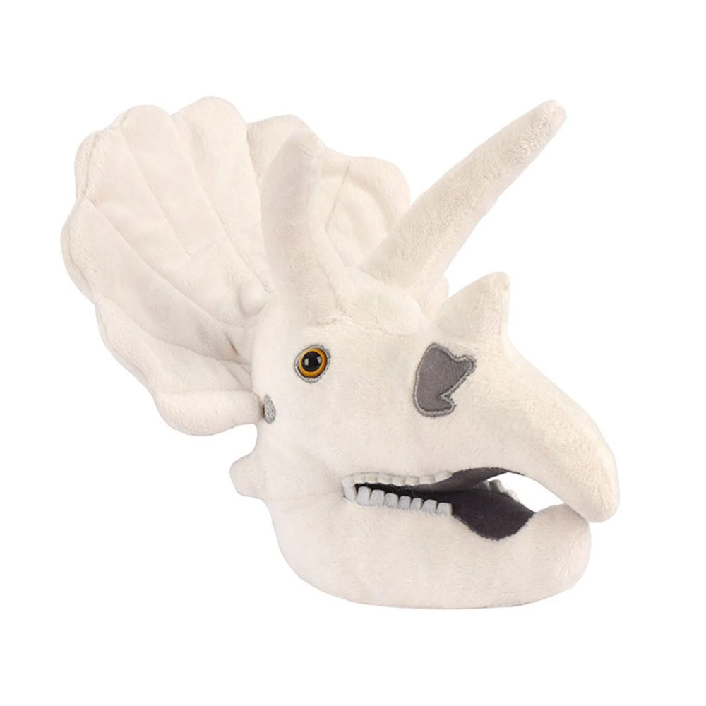 A plush soft toy of a triceratops skull against a plain white background.