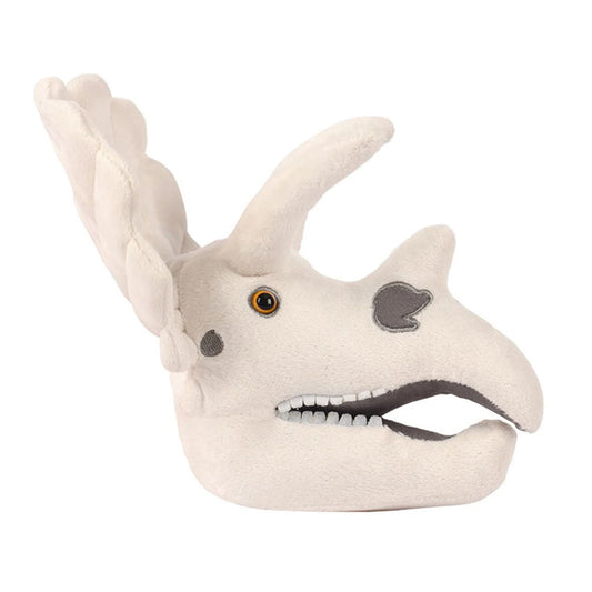 A plush soft toy of a triceratops skull against a plain white background.