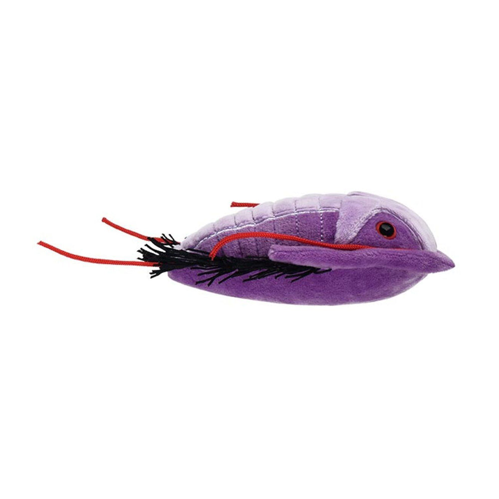 A plush soft toy of a purple trilobite against a plain white background.
