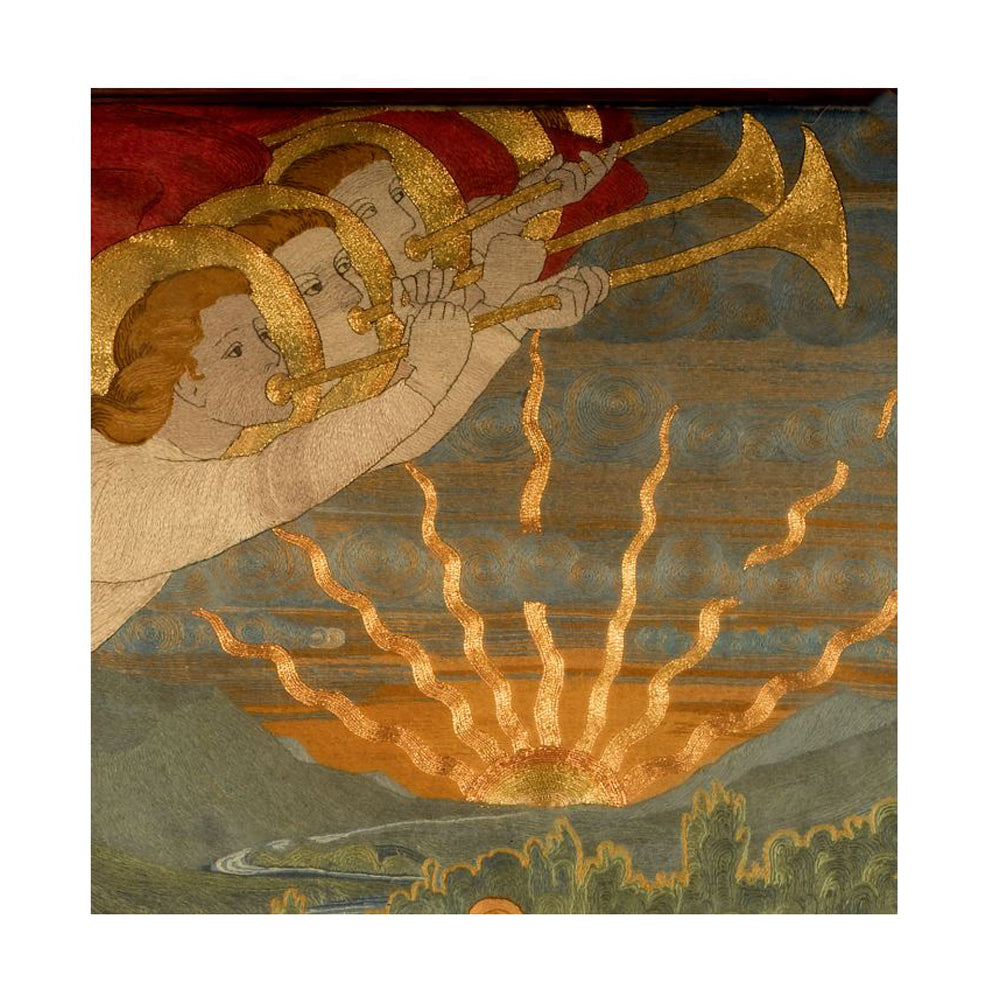 Christmas card with a detail of three angels in the sky playing trumpets. Taken from 'The Red Cross Knight' embroidery by Phoebe Traquair.