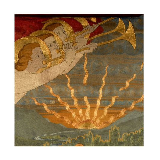Christmas card with a detail of three angels in the sky playing trumpets. Taken from 'The Red Cross Knight' embroidery by Phoebe Traquair.