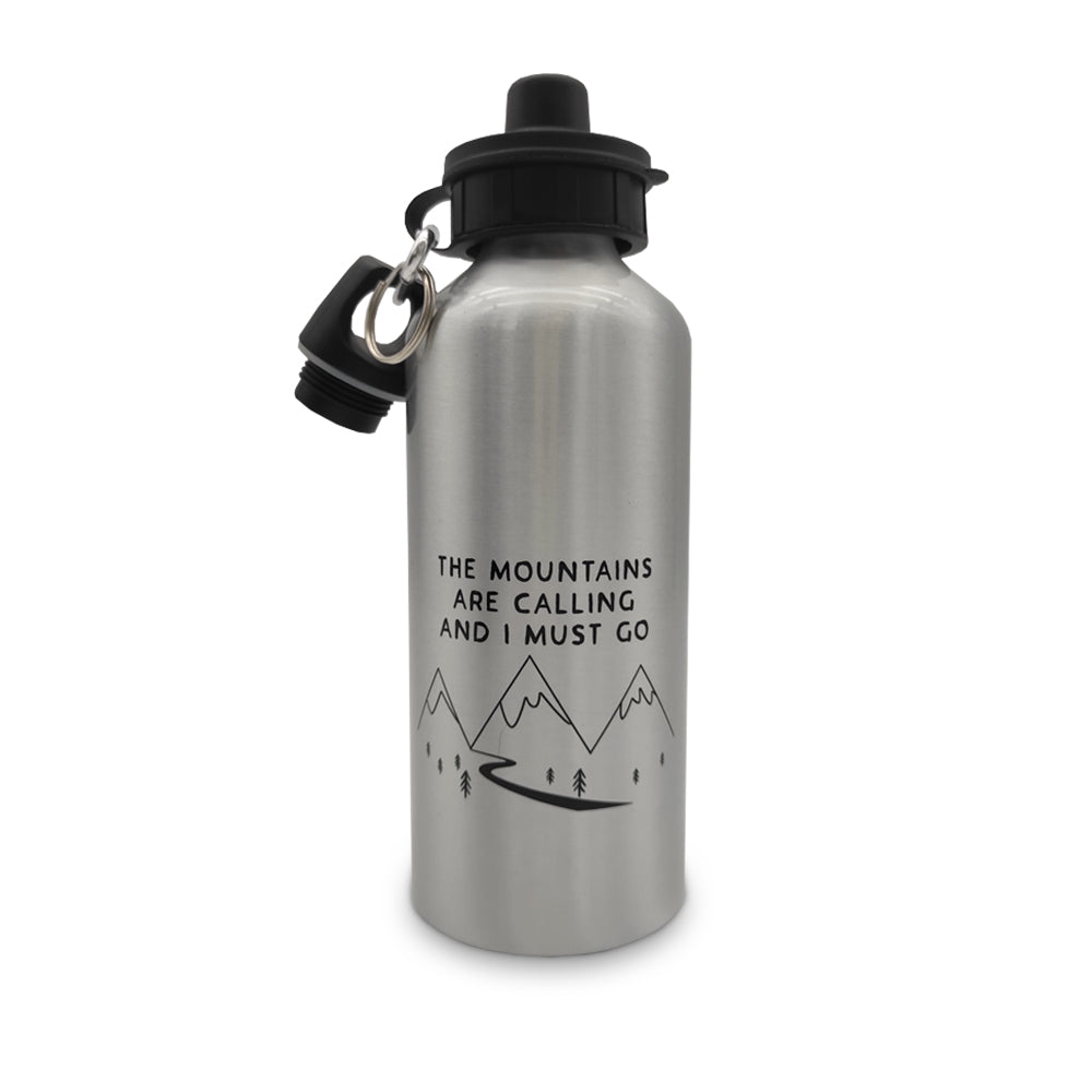 A silver stainless steel water bottle with a black cap against a plain white background. The bottle is printed in black with the words "The mountains are calling and I must go" with a simple line drawing of some mountains underneath.