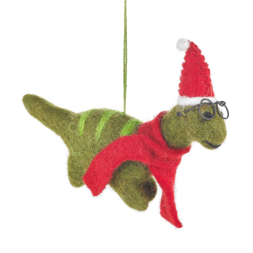 Dinosaur wearing a scarf, Santa hat, and glasses felt hanging decoration