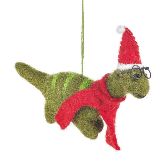 Dinosaur wearing a scarf, Santa hat, and glasses felt hanging decoration
