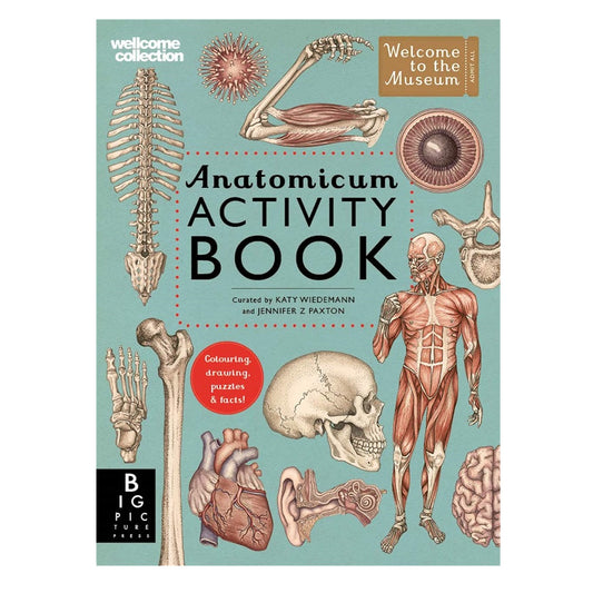 Book cover with a collage of anatomical illustrations against a pale blue background.