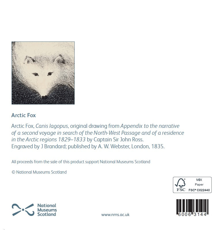 Back of a card giving details on where the artwork is taken from. A small square detail of the arctic fox from the card's design sits above the supporting text. The supporting text is on a grey blue colour and reads: "Arctic Fox, Canis lagopus, original drawing from Appendix to the narrative of a second voyage in search of the North-West Passage and of a residence in the Arctic regions 1829-1833 by Captain Sir John Ross. Engraved by JBrandard; published by A. W. Webster, London 1835.