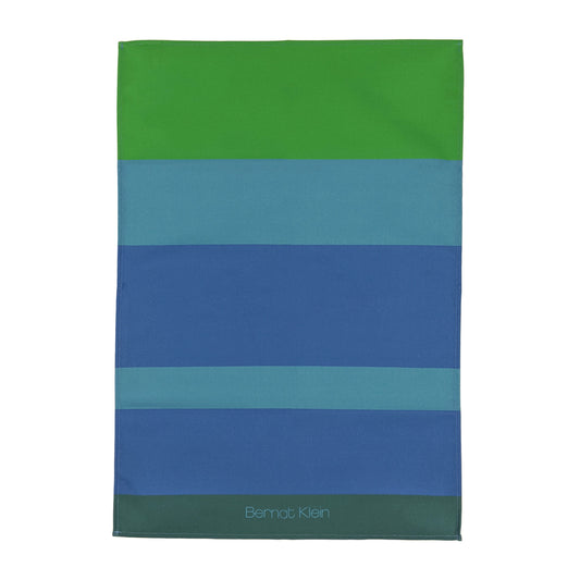 A blue and green striped cotton tea towel based on Bernat Klein's work against a plain white background.