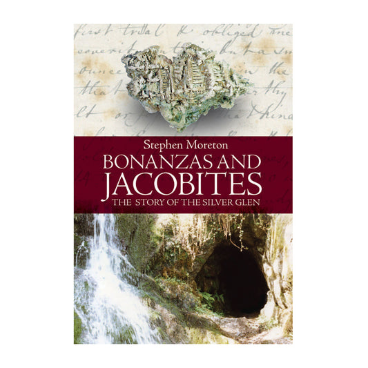 Book cover with a close up photograph of some silver on the top half and a cave entrance next to a waterfall on the bottom half.