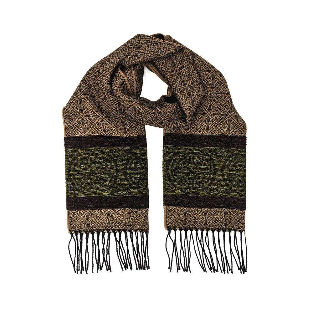 Brown and green tassled scarf with a celtic roundal pattern against a plain white background.