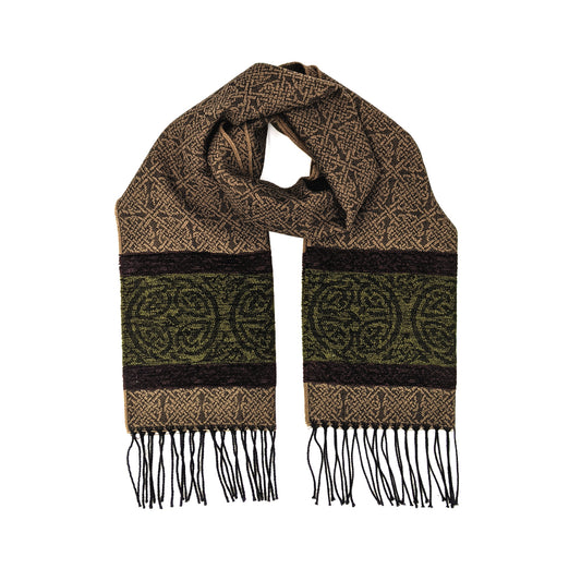 Brown and green tassled scarf with a celtic roundal pattern against a plain white background.