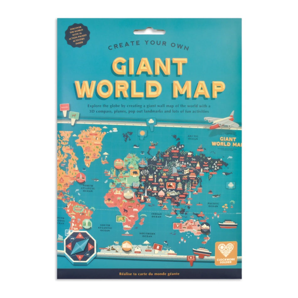 Packaging for a flat pack paper map with colourful illustrations of the world map with distinctive iconography from around the world.