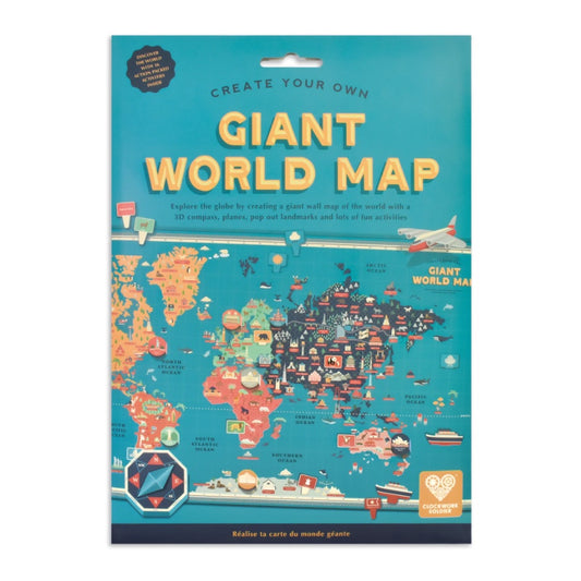Packaging for a flat pack paper map with colourful illustrations of the world map with distinctive iconography from around the world.