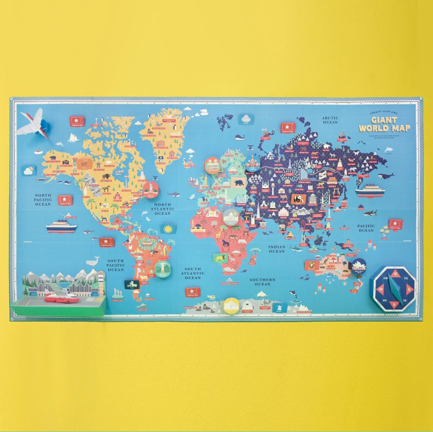 A colourful world map with distinctive iconography from around the world and a 3D compass and planes.