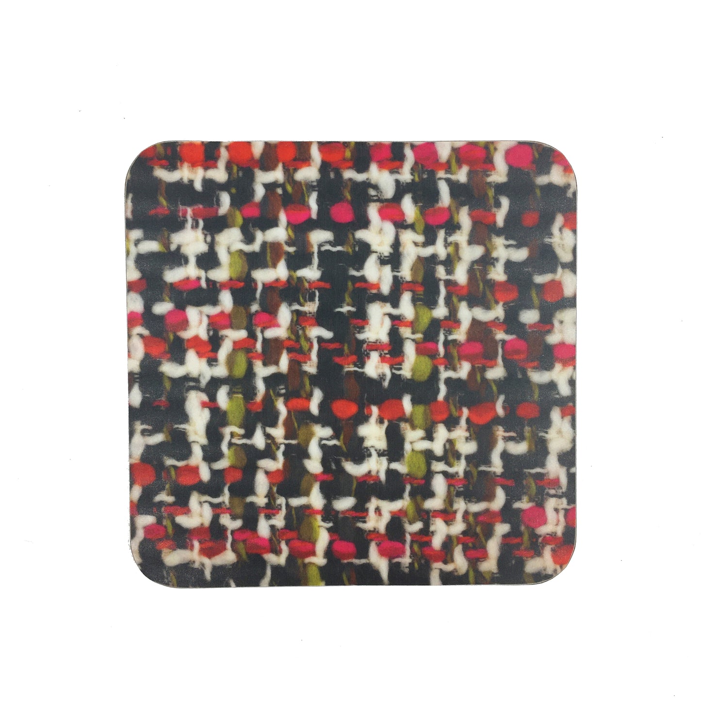 A square coaster with a photograph of the Bernat Klein fabric "Acapulco". The fabric is woven in black, red, green, and white.