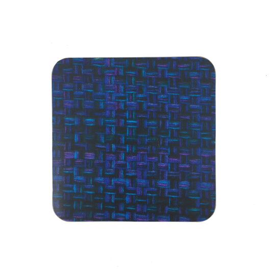 A square coaster with a photograph of a Bernat Klein woven fabric. The fabric is woven in varying blues.