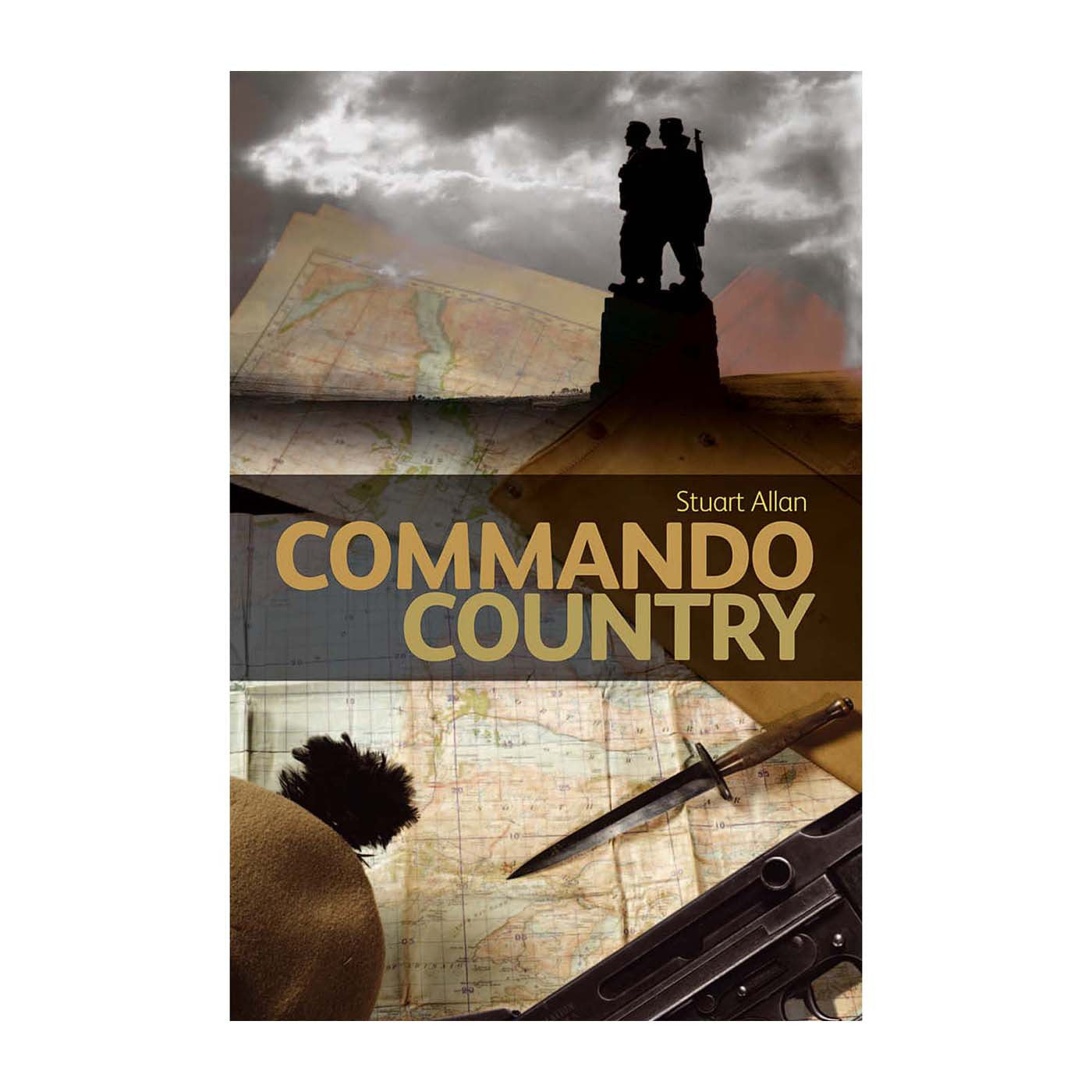 Book cover with a collage with photographs of grey skies, maps and military weapons