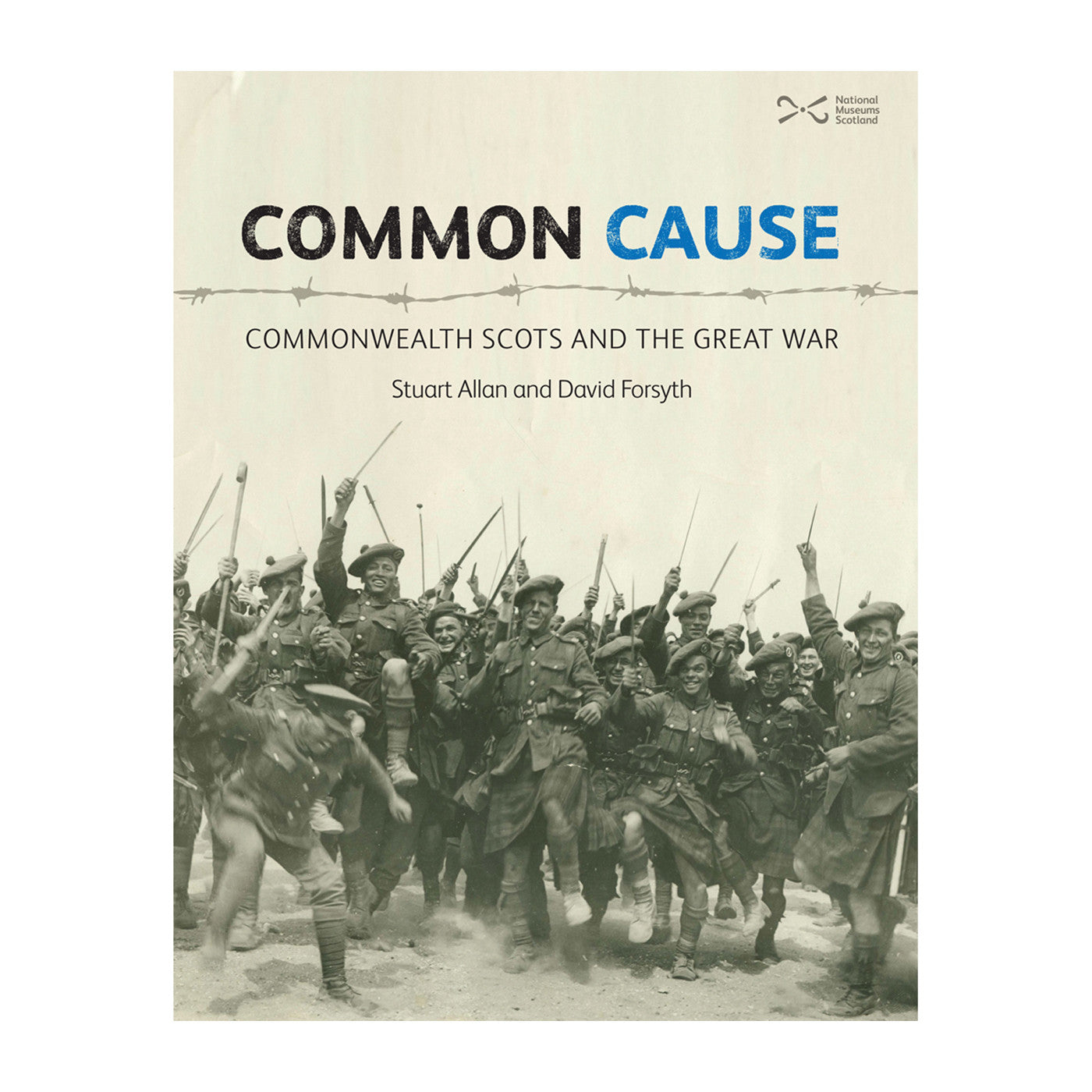 Book cover with a black and white photograph of commonwealth Scottish soldiers in kilts.