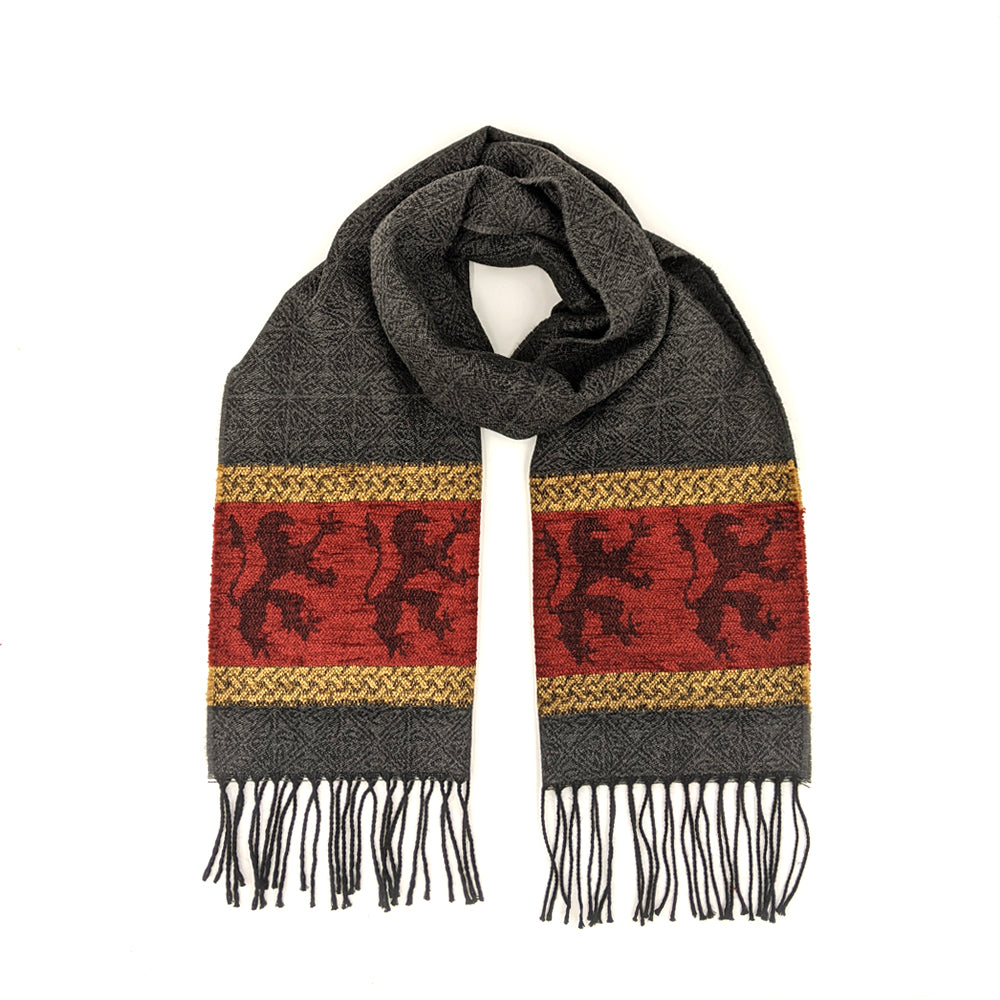 Dark grey and red tassled scarf with a celtic knot and lion pattern against a plain white background.
