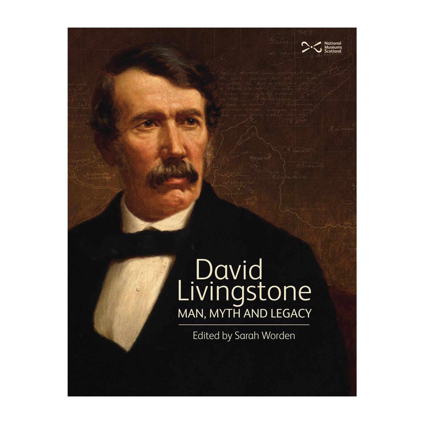Book cover with an old painted portrait of David Livingstone against a brown background with map and handwriting motifs.