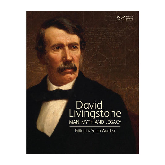 Book cover with an old painted portrait of David Livingstone against a brown background with map and handwriting motifs.