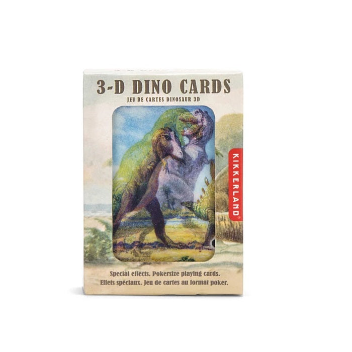 A pack of playing cards with lenticular retro illustrations of dinosaurs.
