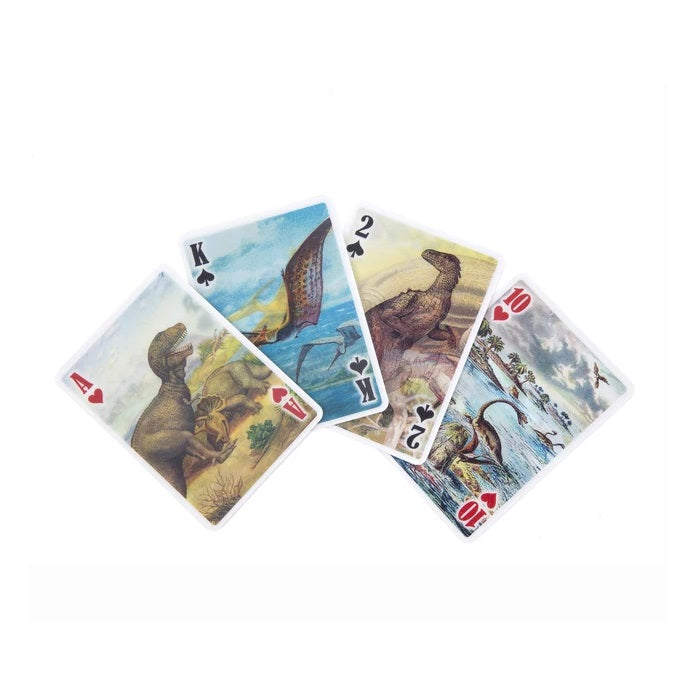 Four fanned lenticular playing cards with retro illustrations of various dinosaurs.