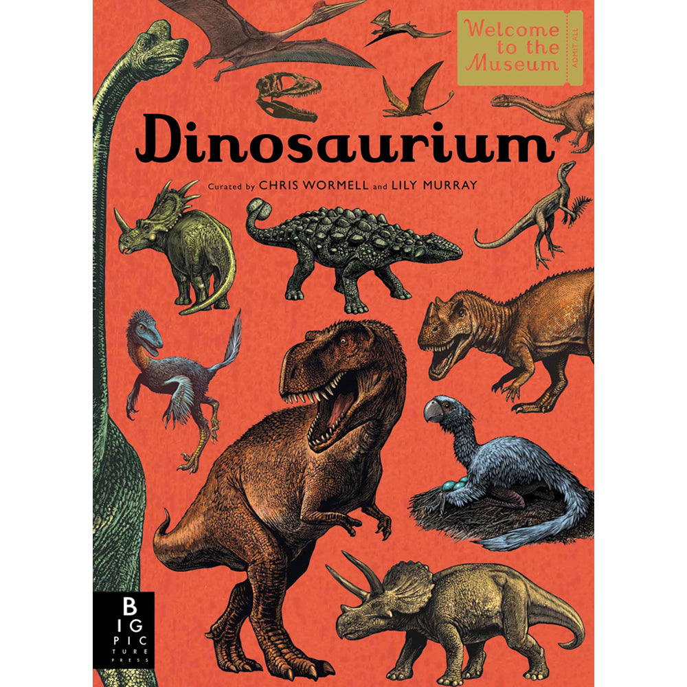 Book cover with a collage of dinosaur illustrations against a bright orange background.