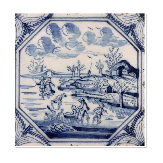 A square greetings card with a photograph of an enameled earthenware tile painted in blue with an ice skating scene.