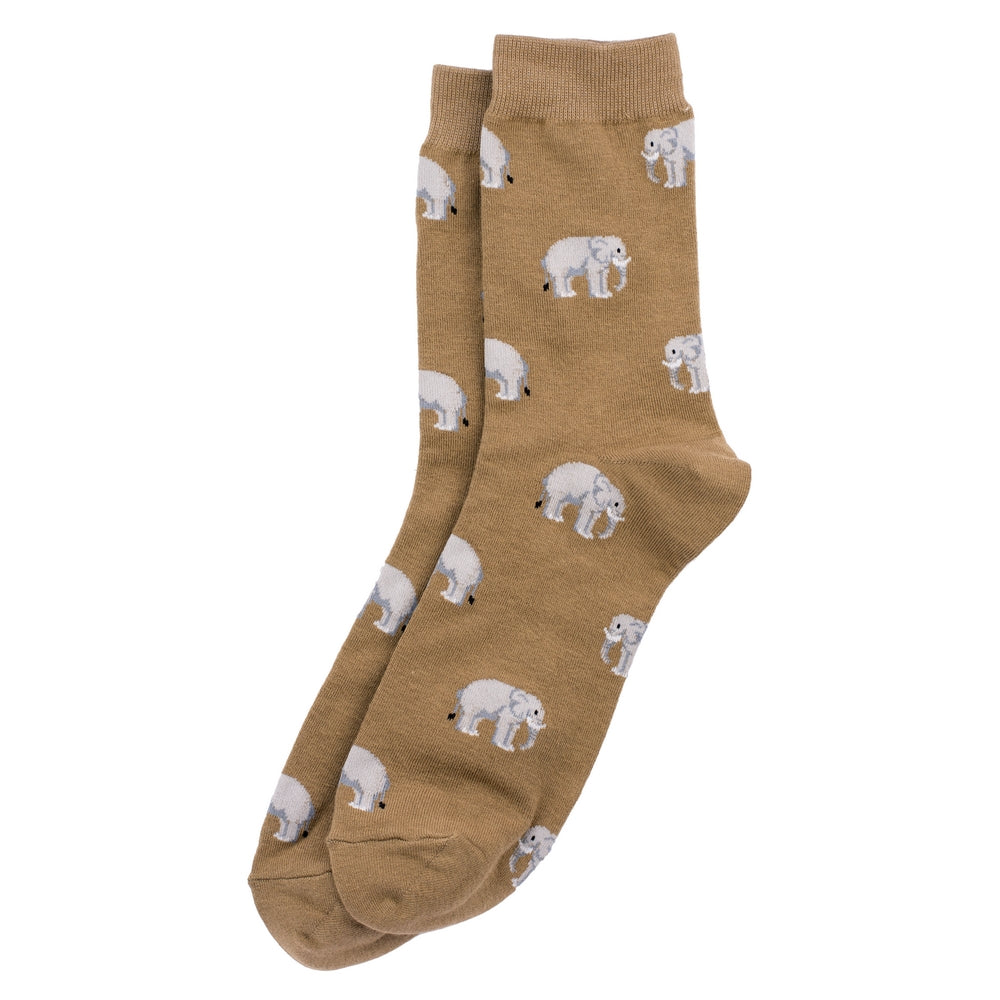 A pair of brown socks with a pattern of small grey elephants against a plain white background.