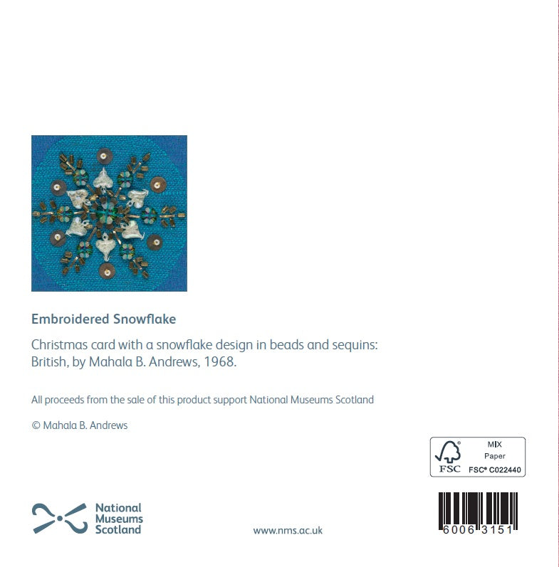 Back of a greetings card. A square snowflake close up detail from the front of the card sits above supporting text. The text reads: "Embroidered Snowflake Christmas card with a snowflake design in beads and sequins: British, by Mahala B. Andrews, 1968."