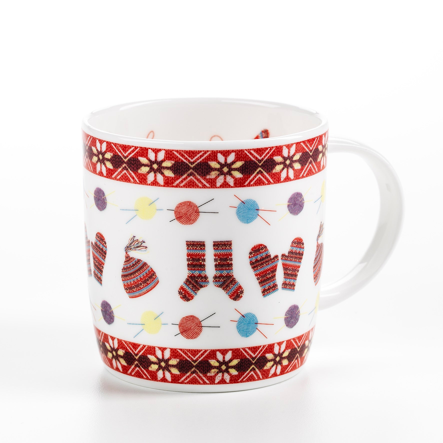 A bone china mug with a knitted fair isle inspired illustrated design against a plain white background.